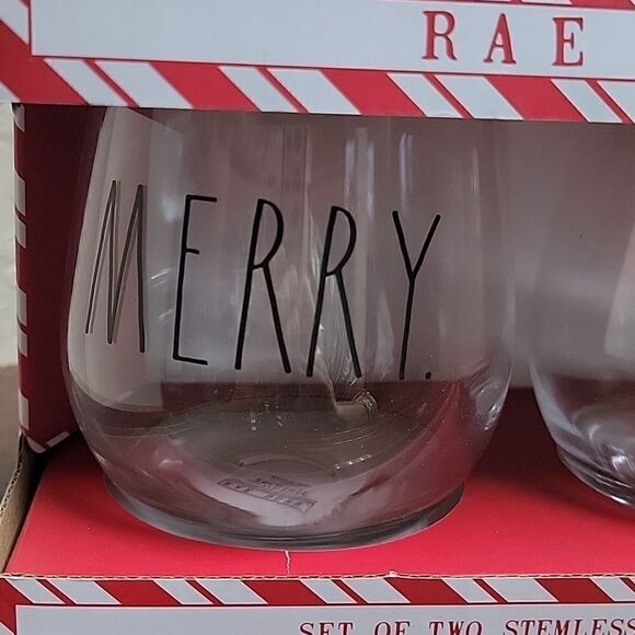 RAE DUNN SET OF TWO STEMLESS WINE GLASSES MERRY. BRIGHT. - NEW! - Picture 2 of 6